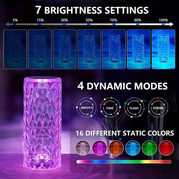 16-Color Rose Ambient Light Crystal Table Lamp RGB Color Changing Night Light,Romantic LED Rose Diamond Touch Lamps For Living Room (Remote & Touch)