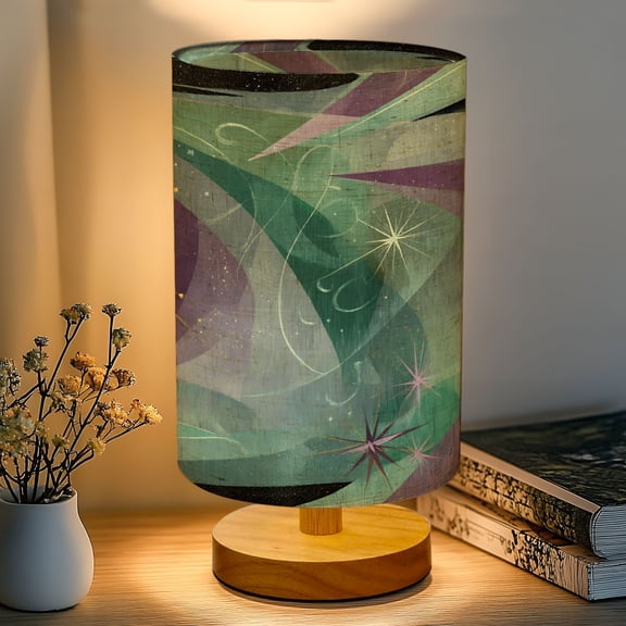 16-Color Table Lamp, Abstract Geometric Star Patterns Mint Purple Gold 60s Style Dimmable Bedside Nightstand Light with Wood Base Fabric Shade, Gifts for Kids Bedroom Nursery Living Room Office