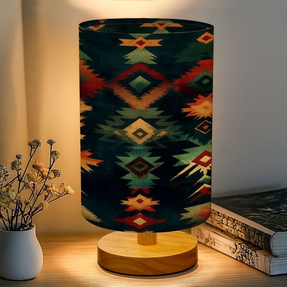 16-Color Table Lamp, Abstract Southwestern Geometric Bold Red Green Yellow Dark Dimmable Bedside Nightstand Light with Wood Base Fabric Shade, Gifts for Kids Bedroom Nursery Living Room Office
