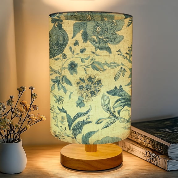 16-Color Table Lamp, Blue Floral Rooster Vintage Botanical Elements Dimmable Bedside Nightstand Light with Wood Base Fabric Shade, Gifts for Kids Bedroom Nursery Living Room Office