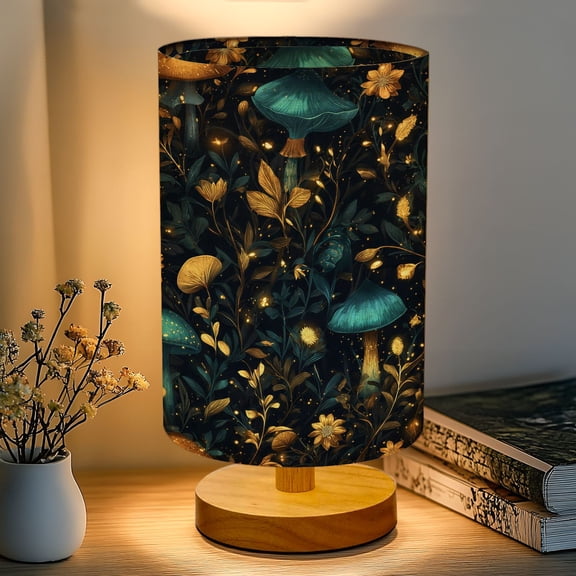 16-Color Table Lamp, Blue Gold Mushrooms Floral Botanical Dark Dimmable Bedside Nightstand Light with Wood Base Fabric Shade, Gifts for Kids Bedroom Nursery Living Room Office