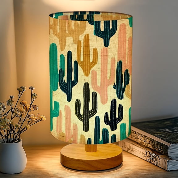 16-Color Table Lamp, Colorful Cactus Desert Plant Retro Style Dimmable Bedside Nightstand Light with Wood Base Fabric Shade, Gifts for Kids Bedroom Nursery Living Room Office