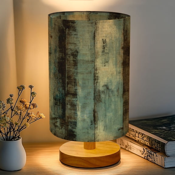 16-Color Table Lamp, Distressed Wooden Planks Blue Brown Beige Tones Dimmable Bedside Nightstand Light with Wood Base Fabric Shade, Gifts for Kids Bedroom Nursery Living Room Office