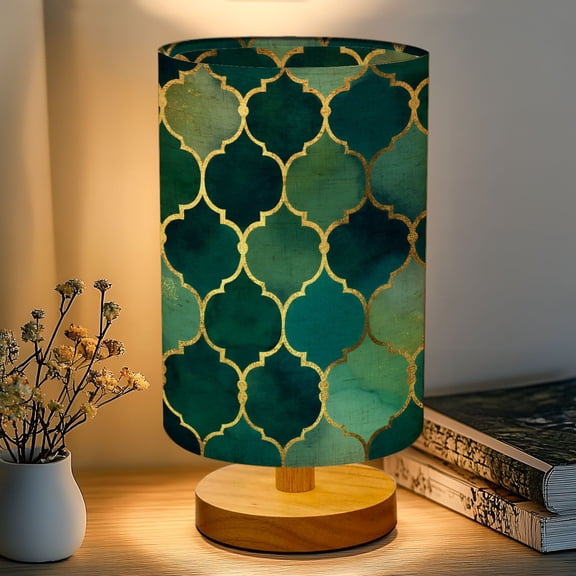 16-Color Table Lamp, Emerald Green Teal Moroccan Trellis Gold Accents Dimmable Bedside Nightstand Light with Wood Base Fabric Shade, Gifts for Kids Bedroom Nursery Living Room Office