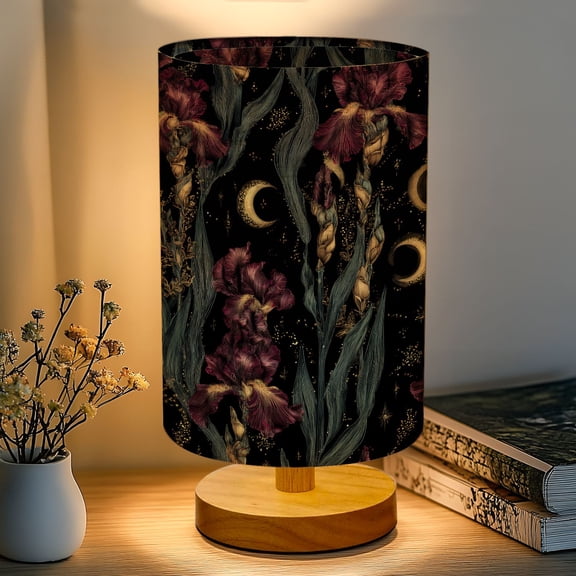 16-Color Table Lamp, Gothic Iris Flowers Crescent Moons Black Dimmable Bedside Nightstand Light with Wood Base Fabric Shade, Gifts for Kids Bedroom Nursery Living Room Office