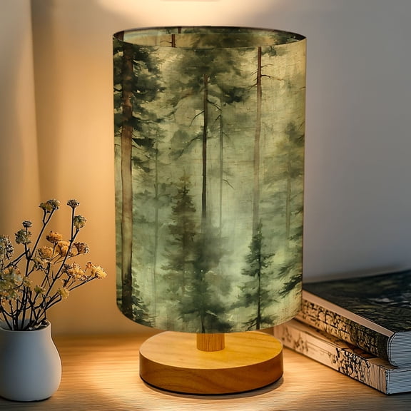 16-Color Table Lamp, Misty Forest Tall Pine Trees Watercolor Style Dimmable Bedside Nightstand Light with Wood Base Fabric Shade, Gifts for Kids Bedroom Nursery Living Room Office