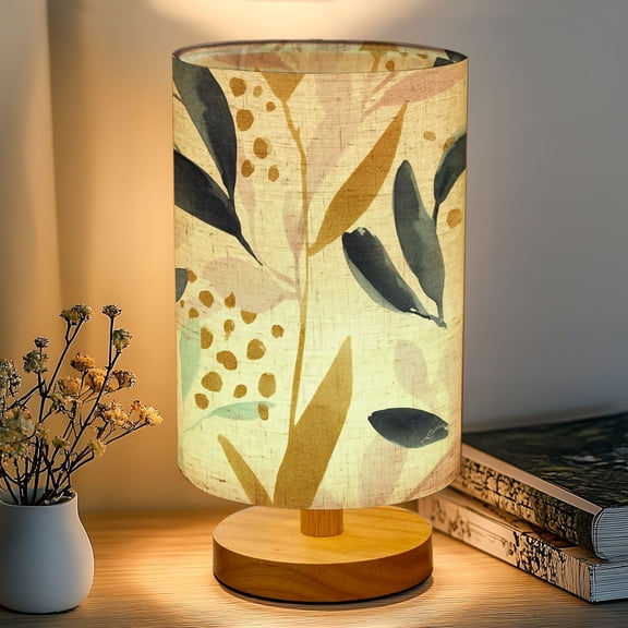 16-Color Table Lamp, Modern Botanical Watercolor Pink Gold Mint Navy Leaves Dimmable Bedside Nightstand Light with Wood Base Fabric Shade, Gifts for Kids Bedroom Nursery Living Room Office