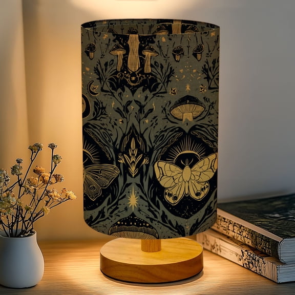 16-Color Table Lamp, Moths Mushrooms Celestial Seamless Black Gold Gothic Dimmable Bedside Nightstand Light with Wood Base Fabric Shade, Gifts for Kids Bedroom Nursery Living Room Office