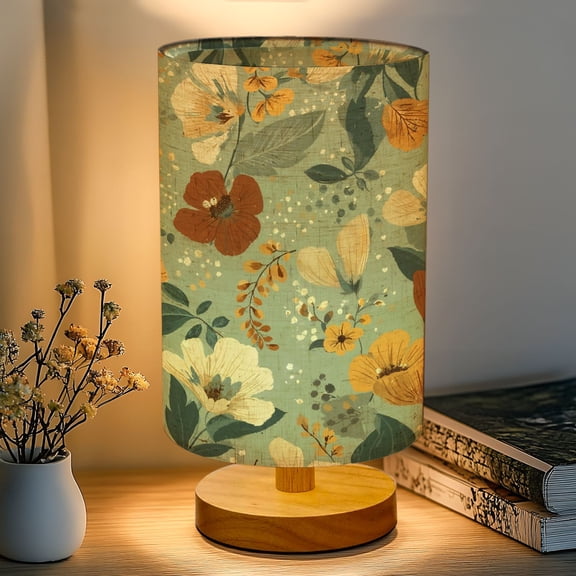16-Color Table Lamp, Muted Green Floral Brown Yellow Blooms Dimmable Bedside Nightstand Light with Wood Base Fabric Shade, Gifts for Kids Bedroom Nursery Living Room Office