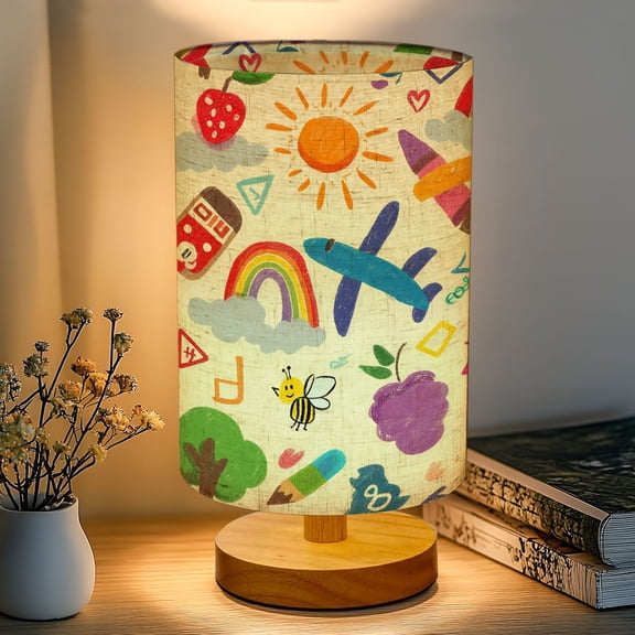 16-Color Table Lamp, Playful Doodles Rainbows Clouds Crayons Fun Icons Bright Dimmable Bedside Nightstand Light with Wood Base Fabric Shade, Gifts for Kids Bedroom Nursery Living Room Office