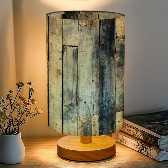 16-Color Table Lamp, Rustic Blue Brown Wooden Plank Wall Distressed Dimmable Bedside Nightstand Light with Wood Base Fabric Shade, Gifts for Kids Bedroom Nursery Living Room Office