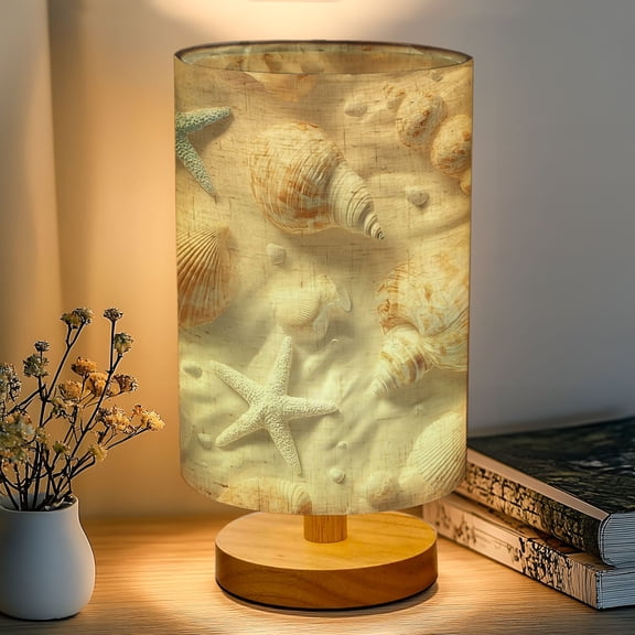 16-Color Table Lamp, Seashells Starfish Sandy Beach Soft Lighting Dimmable Bedside Nightstand Light with Wood Base Fabric Shade, Gifts for Kids Bedroom Nursery Living Room Office