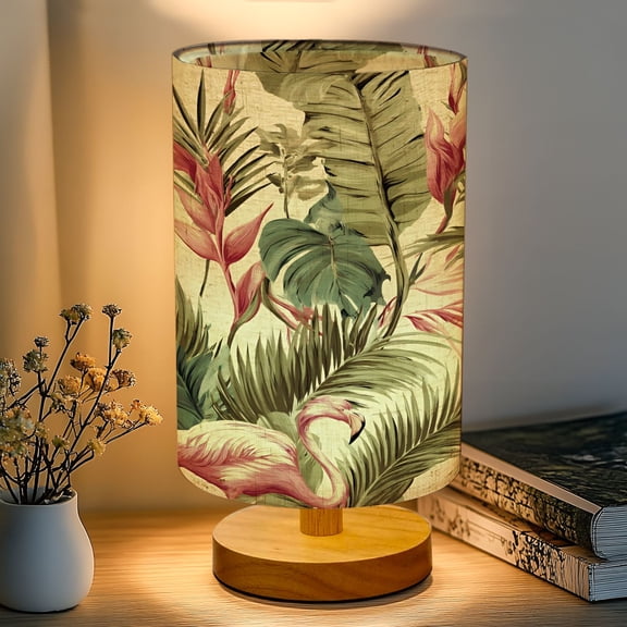 16-Color Table Lamp, Tropical Palm Leaf Pink Green Foliage Dimmable Bedside Nightstand Light with Wood Base Fabric Shade, Gifts for Kids Bedroom Nursery Living Room Office