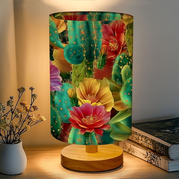 16-Color Table Lamp, Vibrant Cactus Garden Colorful Desert Flowers Dimmable Bedside Nightstand Light with Wood Base Fabric Shade, Gifts for Kids Bedroom Nursery Living Room Office