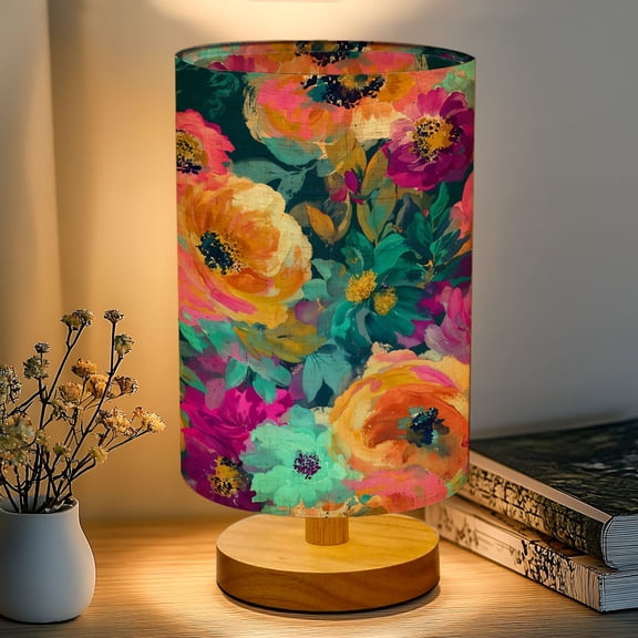16-Color Table Lamp, Vibrant Floral Bouquet Bold Pink Purple Orange Flowers Dimmable Bedside Nightstand Light with Wood Base Fabric Shade, Gifts for Kids Bedroom Nursery Living Room Office