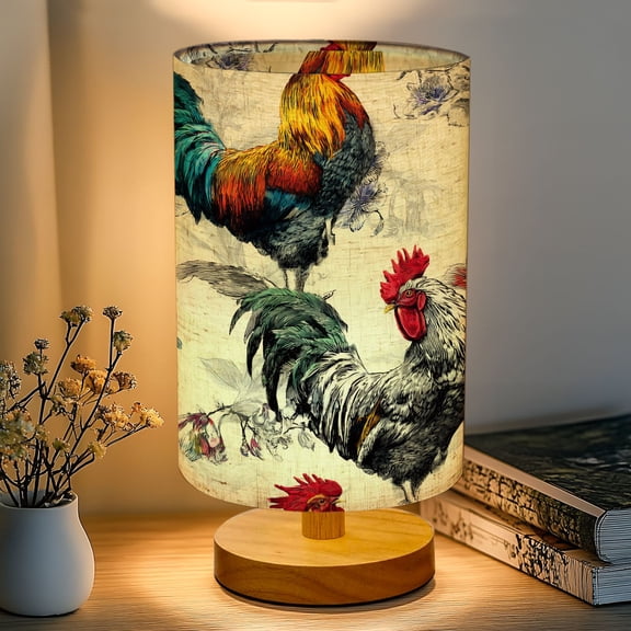 16-Color Table Lamp, Vibrant Rooster Colorful Feathers Floral Dimmable Bedside Nightstand Light with Wood Base Fabric Shade, Gifts for Kids Bedroom Nursery Living Room Office