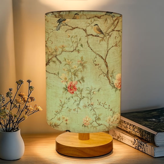 16-Color Table Lamp, Vintage Botanical Birds Blossoms Pastel Dimmable Bedside Nightstand Light with Wood Base Fabric Shade, Gifts for Kids Bedroom Nursery Living Room Office