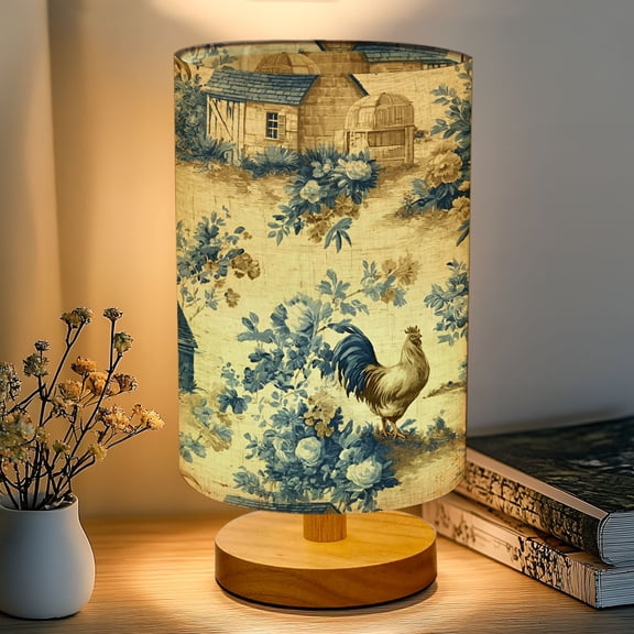 16-Color Table Lamp, Vintage Farmhouse Toile Roosters Cottages Blue Floral Motifs Dimmable Bedside Nightstand Light with Wood Base Fabric Shade, Gifts for Kids Bedroom Nursery Living Room Office