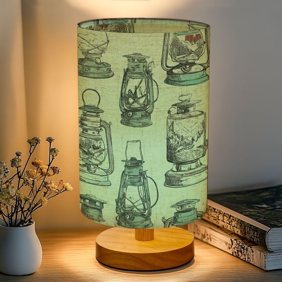 16-Color Table Lamp, Vintage Lantern Mountain Forest Landscape Illustrations Teal Dimmable Bedside Nightstand Light with Wood Base Fabric Shade, Gifts for Kids Bedroom Nursery Living Room Office