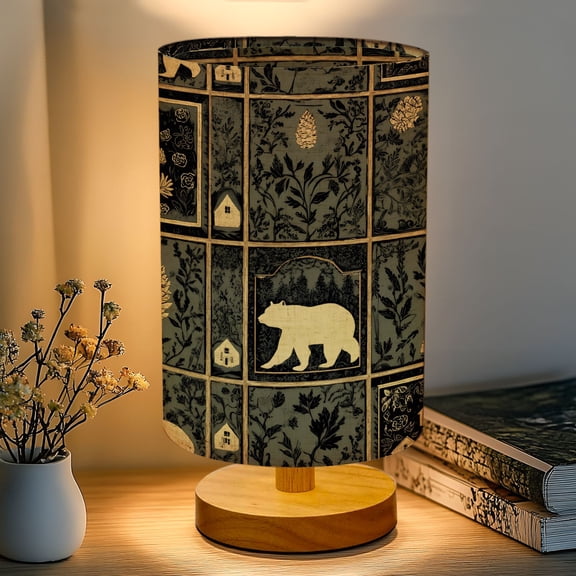 16-Color Table Lamp, Vintage Nature Inspired Bear Pinecones Floral Patterns Dimmable Bedside Nightstand Light with Wood Base Fabric Shade, Gifts for Kids Bedroom Nursery Living Room Office