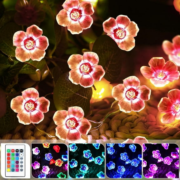16 Colors Cherry Blossom Decor Flower String Lights, Fairy Pink Light String with Timer 13 ft 40 LEDs USB Battery Operated Fairy Lights for Bedroom Indoor Outdoor Wedding Valentines Day(1 Pcs)