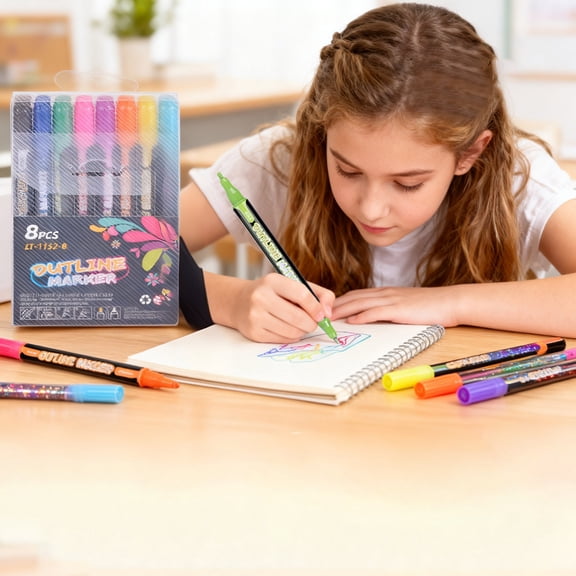 16 Colors Dual Tip Self Outline Metallic Glitter Markers, 10ml Quick Dry Fluorescent Shimmer Drawing Pens, Multipurpose Stationery for Doodling Scrapbooking Christmas Cards, Kid Adult Art Supplies