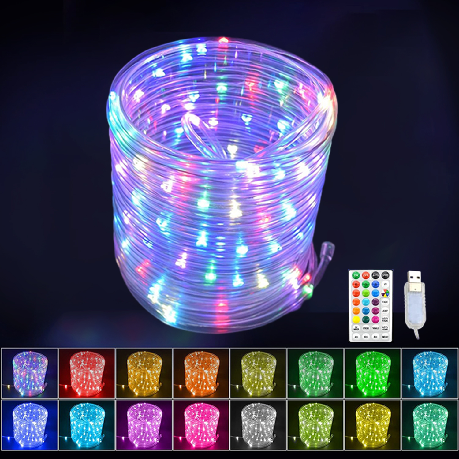16 Colors Solar Rope Lights Waterproof, 33FT 100LED Color Changing