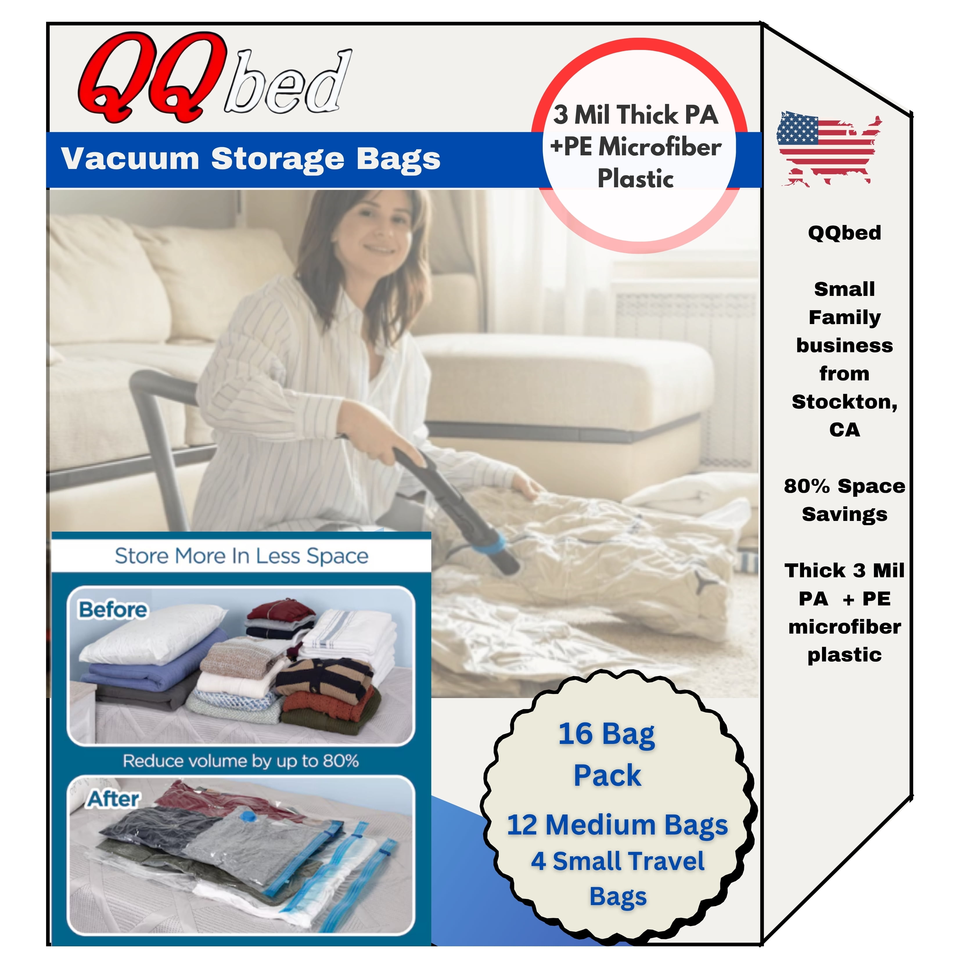 16 Combo Pack: 12 Large Space Saver Storage Vacuum Seal Clothes Organizer Bag + 4 Travel Rollup Bags