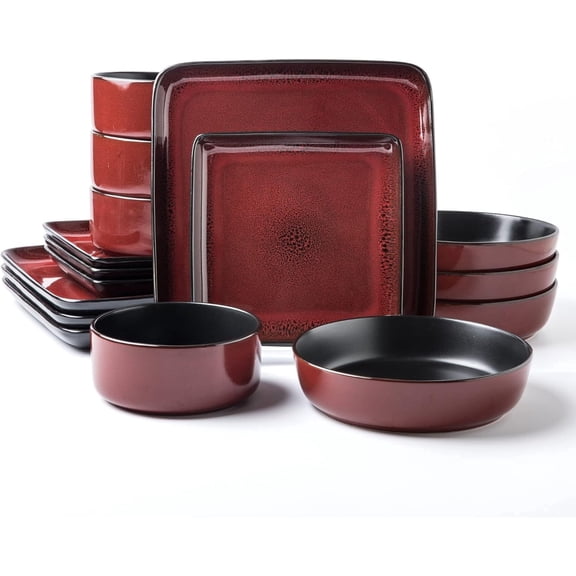 16 Count Square Red Stoneware Dinnerware Set, Reactive Glaze, Service for 4, Microwave Dishwasher Safe