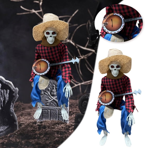16" Country Musician Skeleton Statues, Dual Playing Skeleton Figurines, Halloween Western Style Tabletop Decor for Autumn Holiday Party (Red)