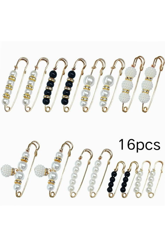 16 Counts Pearl Brooch Pins, No Sewing Sweater Shawl Safety Pins, Cardigan Collar Safety Pins for Women Faux Pearl Clothing Dresses Decoration Pant Tightener, Mixed Style
