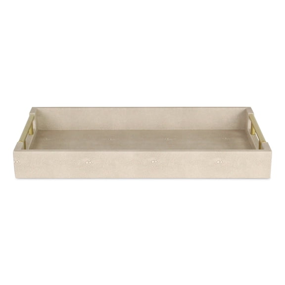 16" Cream Wood and Vinyl Faux Shagreen Serving Tray With Gold Handles
