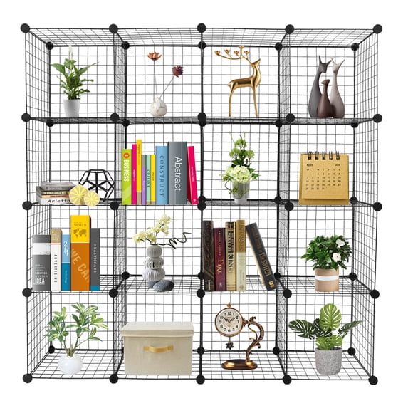 16-Cube Black Wire Grid Modular Storage Shelving Unit | Versatile Metal Cubbies Organizer for Books, Toys & Entryway | Durable ABS Connectors | 47" W x 57" H
