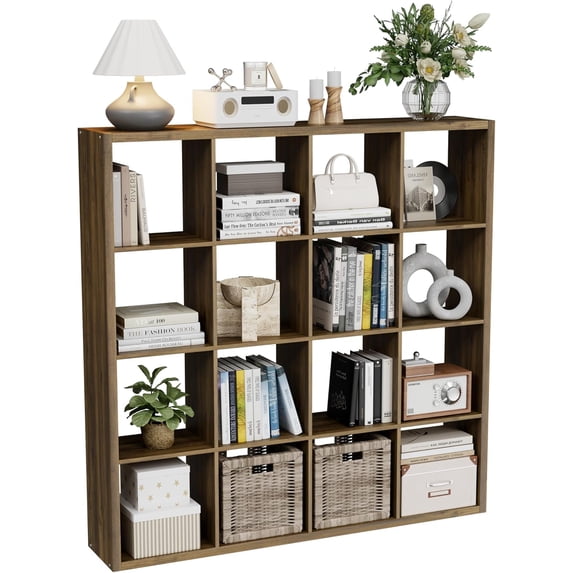 16-Cube Brown Open Back Storage Organizer Bookcase, Decorative Cubical Shelf for Living Room or Home Office