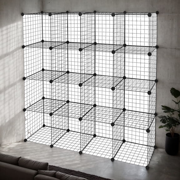 16-Cube Metal Grid Wire Storage Organizer, Multifunctional Modular Cubbies Shelving Unit & Bookcase