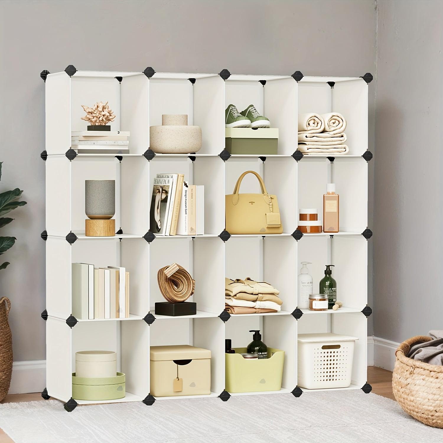 16-Cube Modular Stackable Storage Shelf System with Removable Bins ...