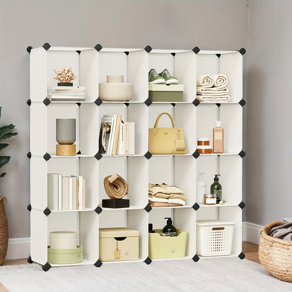 16-Cube Modular Stackable Storage Shelf System with Removable Bins, Multi-Purpose Bookcase and Closet Organizer for Bedroom, Living Room, or Office