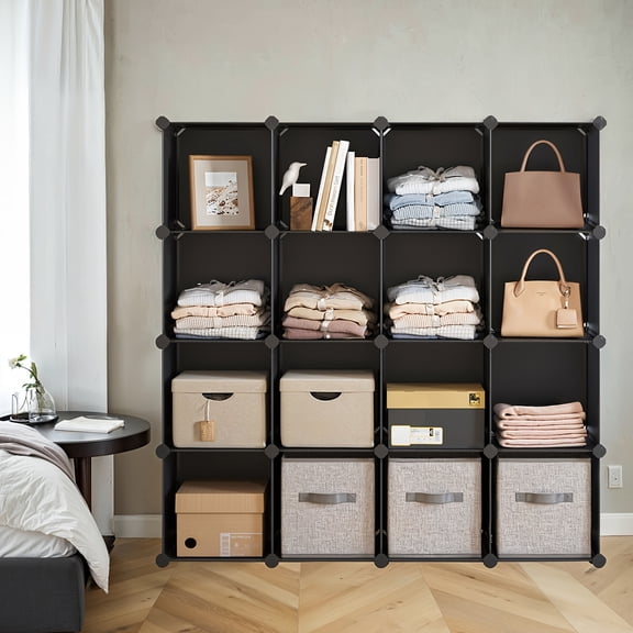 16-Cube Modular Stackable Storage Shelf System with Removable Bins, Multi-Purpose Bookcase and Closet Organizer for Bedroom, Living Room, or Office