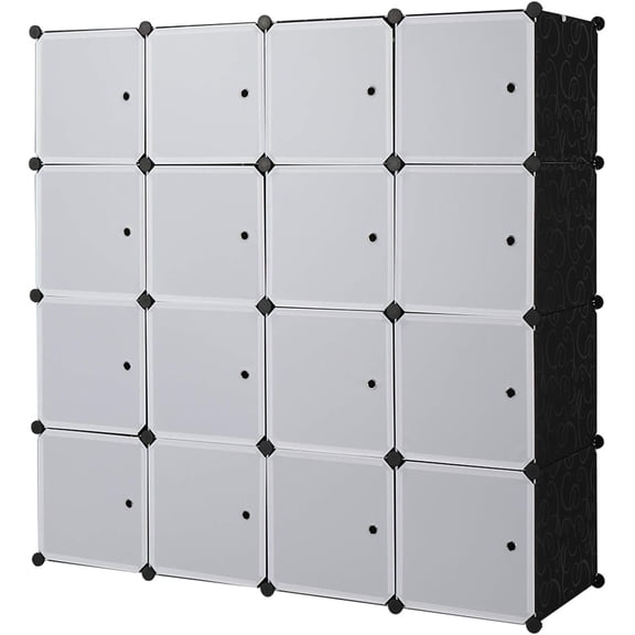 16 Cube Organizer Stackable Plastic Cube Storage Shelves Design Multifunctional Modular Closet Cabinet with Hanging Rod White Doors and Black Panels