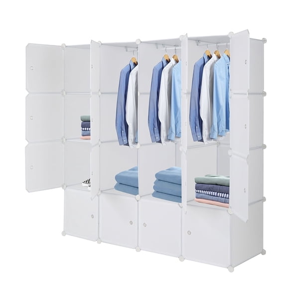 16 Cube Storage Organizer DIY Portable Closet Clothes Wardrobe Storage Shelves W/Doors, Modular Bookcase Organizers w/3 Hanging Rods