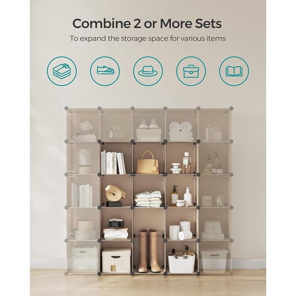 16 Cube Storage Organizer Modular Storage Cube Bookshelf DIY Plastic Closet Storage Shelves for Home Office Bedroom Camel Brown