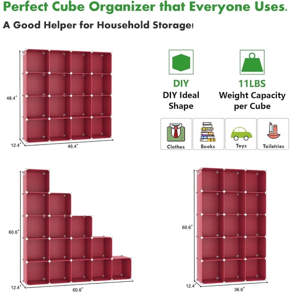 16-Cube Storage Organizer, Red Plastic Modular Closet Shelves with Metal Frame for Bedroom Living Room