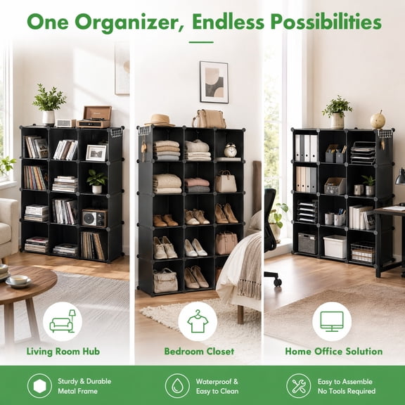 16-Cube Storage Organizer, DIY Modular Plastic Closet Shelves, Stackable Storage Units for Home & Bedroom, 48.4" L 12.4" W 48.4" H, Black