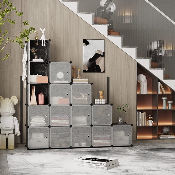 16-Cube Storage Organizer with ,  Plastic Book Shelf for Bedroom Living Room, Black SHS3016B-DOOR