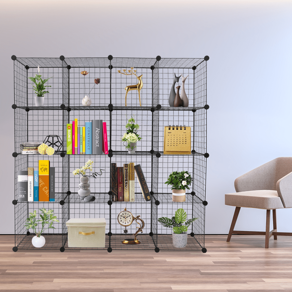 16-Cube Wire Grid Storage Organizer – DIY Modular Cube Shelves Unit, 13.8" Cubes, Heavy-Duty Steel Frame with ABS Connectors, Black, 47"W x 14"D x 57"H