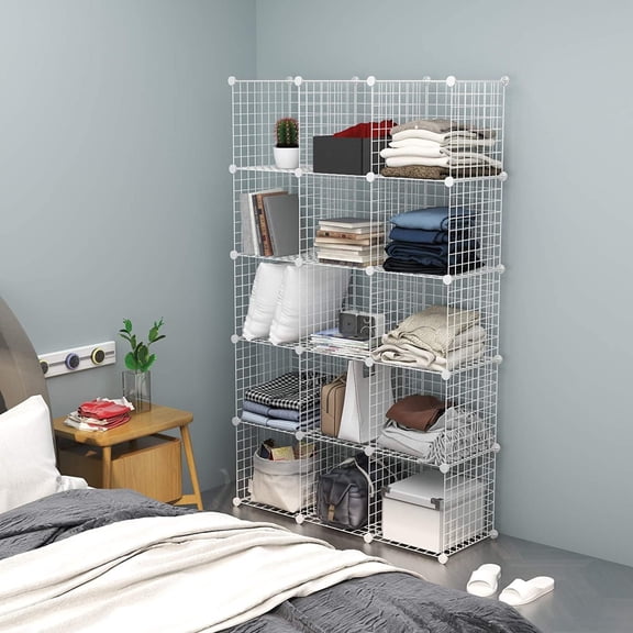 16-Cube Wire Storage Organizer, Modular Metal Grid Shelving Unit for Bedroom Office Closet with ABS Connectors, White