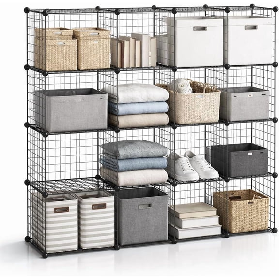 16-Cube Wire Storage Organizer, Modular WireCube Shelving Unit with Metal Grid Panels, Stackable Wire Storage Cubes for Clothes, Shoes, Books, Toys, DIY Cube Storage Rack for Home Office