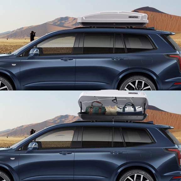 16 Cubic Feet Hard Shell Roof Cargo Carrier with Security Keys, Car Rooftop Cargo Box, Dual-Side Opening Roof Box, ABS, Tool-Free Install, Fits Most Bars, White