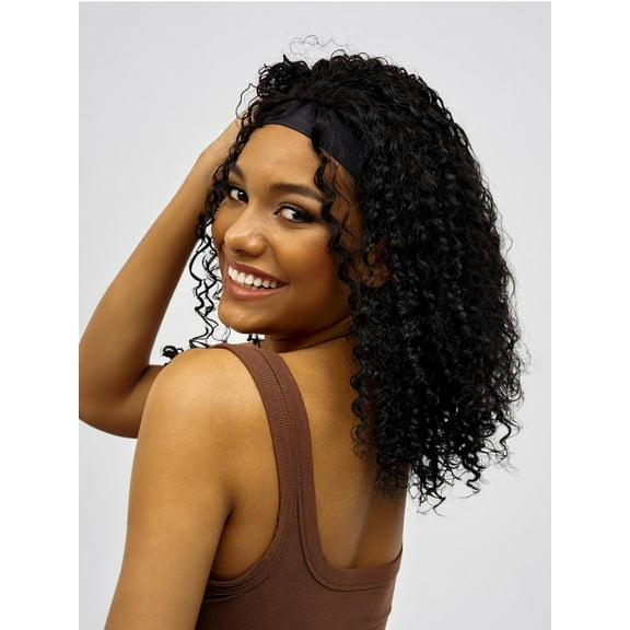 16" Curly Headband Wig - Natural Spiral Curls, Bouncy Volume, Comfy Stretch Band, Runway Black