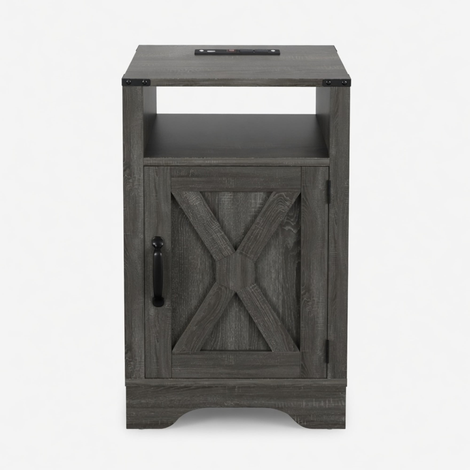 16" Dark Grey Farmhouse Nightstand w/ Charging Station & Storage